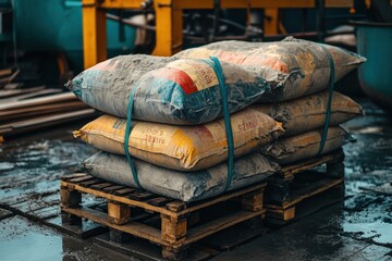 Stacked bags of construction material resting on a pallet in a busy industrial environment