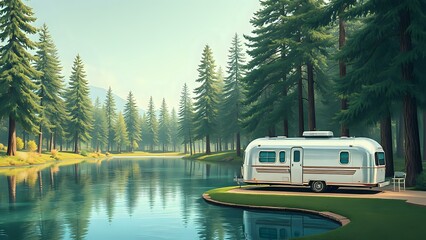 Art Deco Lake & RV: Serene Outdoor Scene