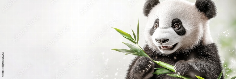 Aufkleber Cute panda happily holding bamboo with plenty of space for text in a bright environment. Generative AI