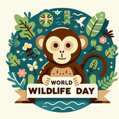 Monkey with world wildlife day sign, perfect for conservation campaigns, social media posts, and educational materials on protecting wildlife.