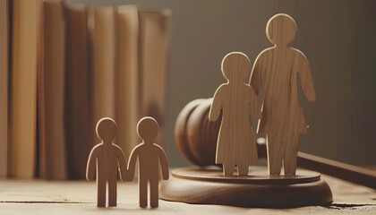 Family law. Figure of parents with children and gavel on wooden table, space for text