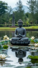 Serene Buddha Statue Surrounded by Water Lilies in Tranquil Garden