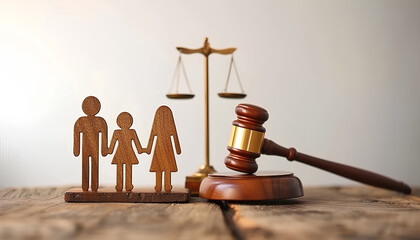 Family law. Figure of parents with children and gavel on wooden table, space for text