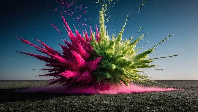 Colorful explosion of powder creates vibrant display in outdoor landscape, symbolizing creativity and celebration, suitable for festivals or joyful events