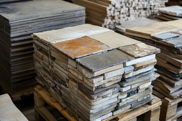 Fototapeta premium Stones stacked neatly in a warehouse for construction and design purposes in a bustling urban area
