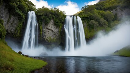 Stunning waterfall cascading into river, surrounded by lush greenery and mist, creating serene atmosphere perfect for nature lovers and travelers