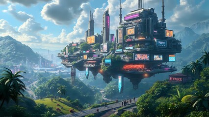 Futuristic City with Vibrant Flying Vehicles