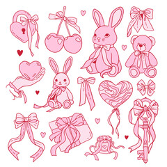 Coquette Valentines day elements set decorated with coquette bows, ribbons. Love letter, lock with key, teddy, bunny, balloon. Elegant vintage gifts with bow. Hand drawn line art vector illustrations