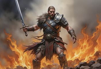 Fototapeta premium Charismatic man with long hair in medieval armor with sword in fire and sparks