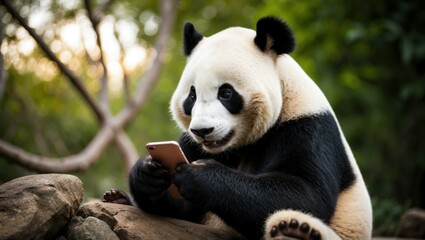 Fototapeta premium Panda using smartphone in natural habitat, showcasing interaction with technology in playful manner, highlighting wildlife conservation and animal behavior