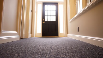 A hallway leading to a black door, illuminated by natural light.