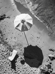 A tranquil beach scene with a single umbrella and chair, inviting relaxation on the sandy shore.