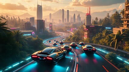 Obraz premium Cyberpunk Cityscape at Dusk with Hovercar Racing