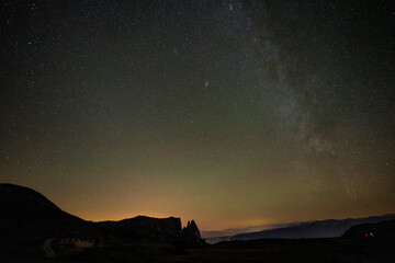 Fototapeta premium Starry sky over Seiser Alm in the Dolomites, Italy.