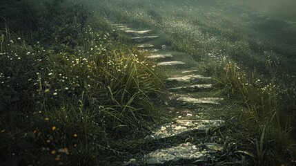 Naklejka premium Stone path through grass and flowers.
