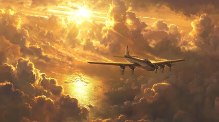 Naklejka premium Golden Sunset Flight Above Cloud Cover