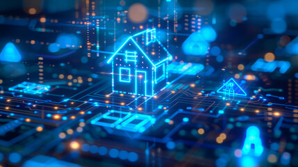 Fototapeta premium A futuristic smart home concept featuring a glowing neon house icon connected to a digital circuit board