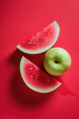 Two halves of a juicy, red watermelon and a green apple served together. Perfect for picnics or summer refreshment.