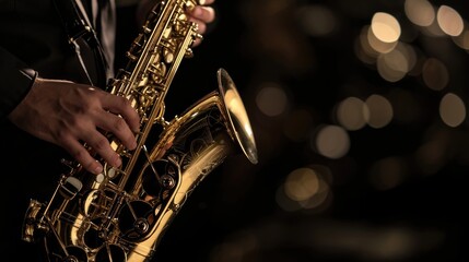 Obraz premium Close-up of a man playing saxophone, with bokeh lights in the background, indicating a live performance or concert setting.