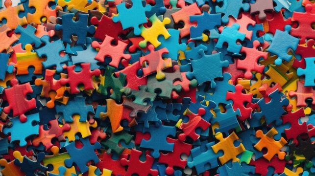 Brightly colored jigsaw puzzle pieces scattered together, symbolizing the concept of fitting together or a creative process.