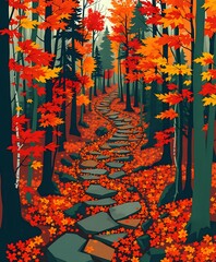 Stylized Autumn Hiking Trail Art Deco Illustration