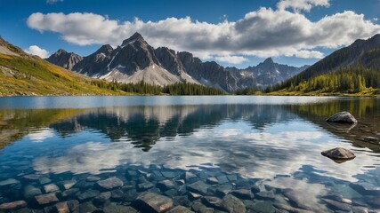 Fototapeta premium Serene Mountain Lake with Flowers