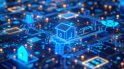 Obraz premium A futuristic smart home concept featuring a glowing neon house icon connected to a digital circuit board