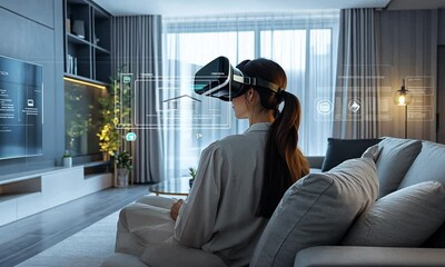 Woman using VR headset to design her dream home in a modern living room.