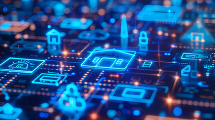 Fototapeta premium A futuristic smart home concept featuring a glowing neon house icon connected to a digital circuit board