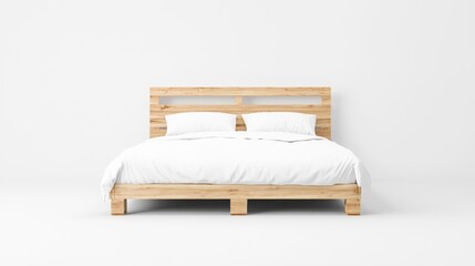 Modern Minimalist Wooden Bed in Bright Bedroom Setting with Crisp White Linens and Simple Design for Cozy and Inviting Atmosphere