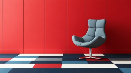 A modern chair in a vibrant room with a geometric patterned floor.