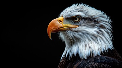 Obraz premium Close-up of a bald eagle's head against a dark backdrop.