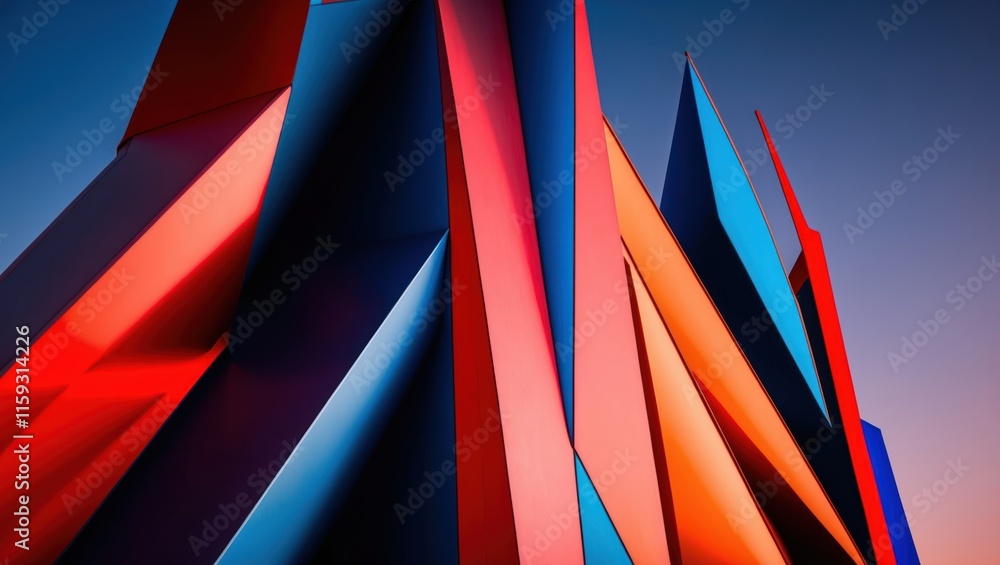 Poster vibrant abstract architectural structure showcasing dynamic shapes and bold colors, creating a strik