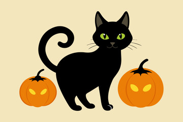 Black Cat Background with Pumpkins on White Background