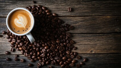 Coffee cup with latte art on wooden table, surrounded by coffee beans, evokes warmth and comfort, ideal for morning rituals or caf&eacute; environments