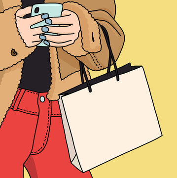 Woman in Teddy Coat, Red Trousers, with Shopping Bag and Smartphone