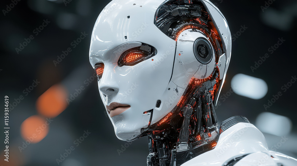 Poster futuristic ai android headshot: advanced robotic design and artificial intelligence