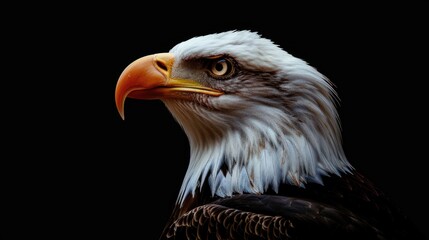 Fototapeta premium Bald eagle head profile, detailed feathers, sharp beak, intense stare, black background.