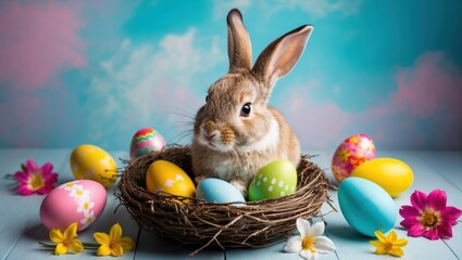 Easter themed image features a cute rabbit in a nest surrounded by colorful eggs and flowers, embodying spring celebrations and festive joy