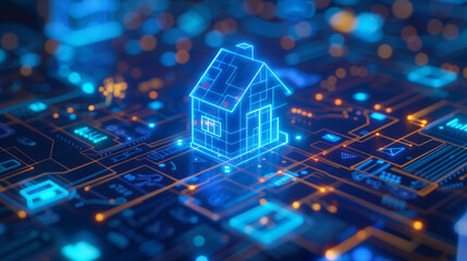 Obraz premium A futuristic smart home concept featuring a glowing neon house icon connected to a digital circuit board