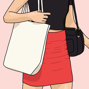 Woman with White Cotton Tote Bag, Red Skirt, and Black Handbag