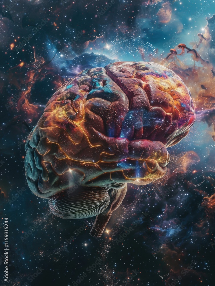 Poster brain floating in outer space with vivid nebulae and stars