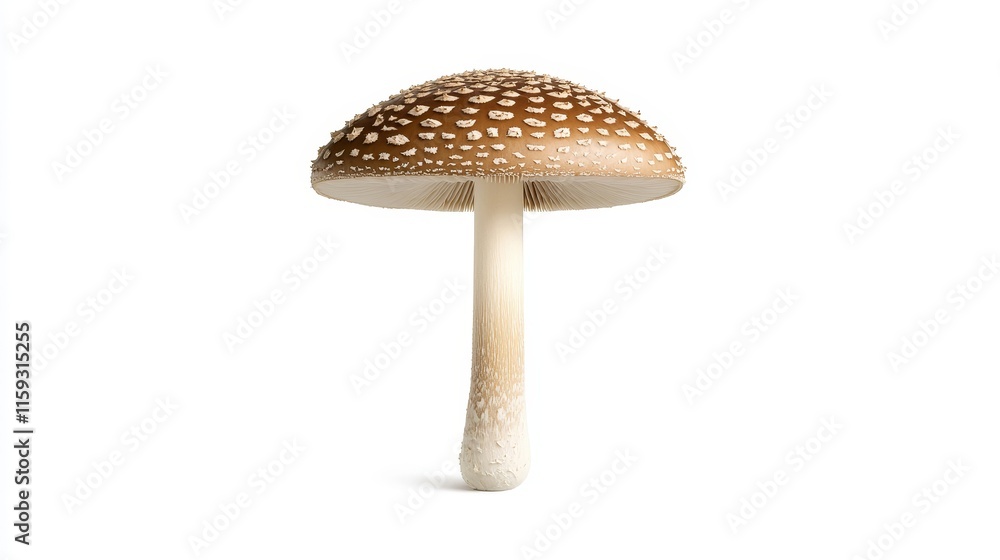 Poster stunning close-up of a single amanita mushroom with beautiful cap and stem features, isolated on a w