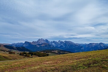 View of the Seiser Alm, the largest high alpine pasture in Europe in Italy.