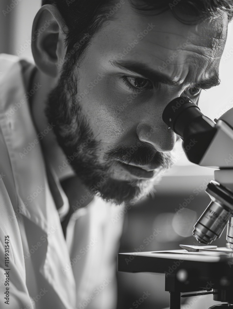Poster man with beard using a microscope