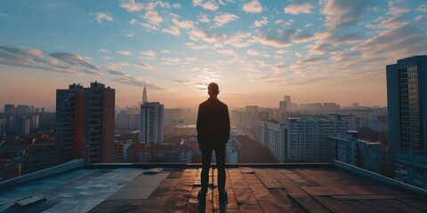 Lonely figure overlooking city at sunset.
