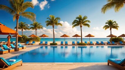 Obraz premium Vibrant tropical pool scene featuring palm trees, sun loungers, and an inviting ocean view, perfect for relaxation and sunny vacations