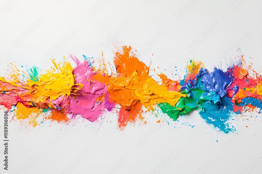 Poster vibrant abstract paint splashing and spraying across minimalist white surface in dynamic expressioni