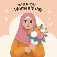 Muslim woman in hijab holding a bouquet of flowers. Ideal for diversity, culture, celebration, or lovethemed designs or concepts.