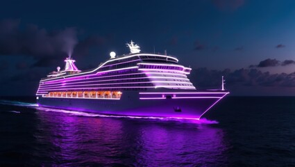 Luxurious cruise ship illuminated with vibrant lights sailing under the night sky  perfect for travel or vacation themed concepts and events